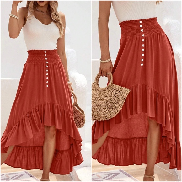 Dresses & Skirts - Boho High Waist High Low Button Maxi Skirt